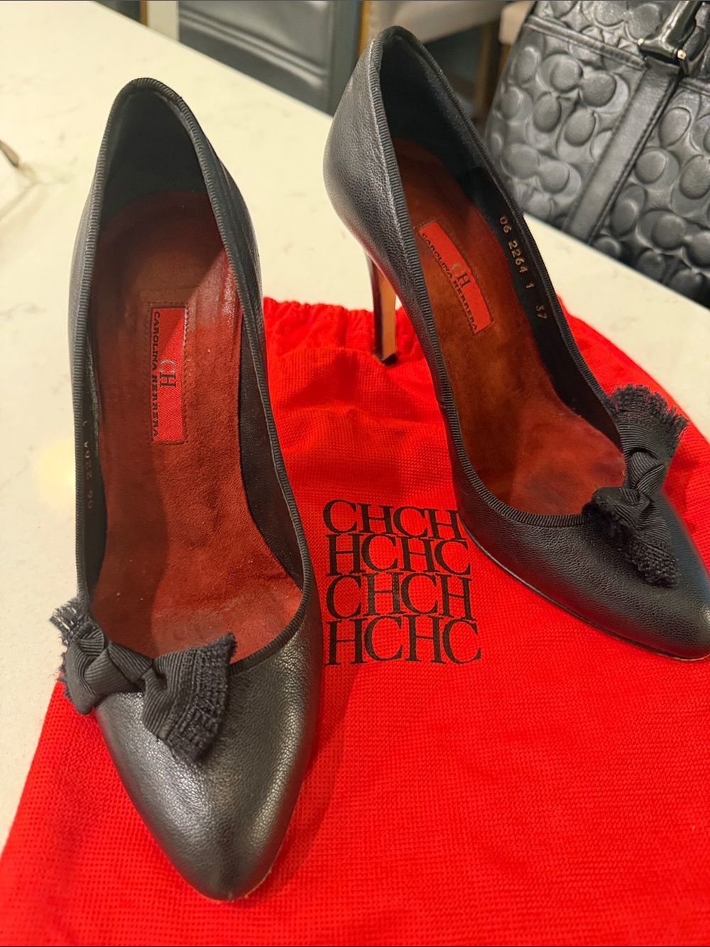 Carolina Herrera Black Leather Heels with Bow - Size 7